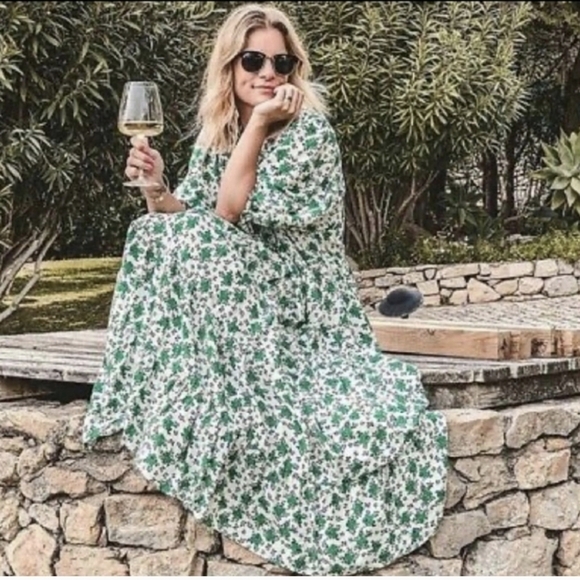 Zara Oyster White And Green Floral Maxi Dress - Picture 1 of 6